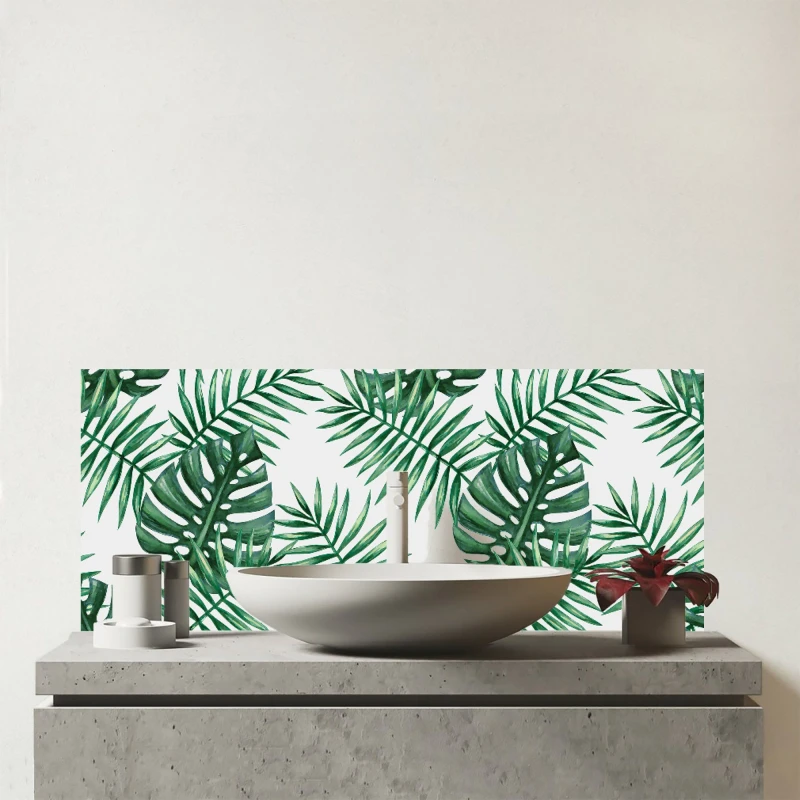 Image of Warren Reed - Designer Watercolour Tropical Leaves Glass Bathroom Splashback in Green Green Unisex