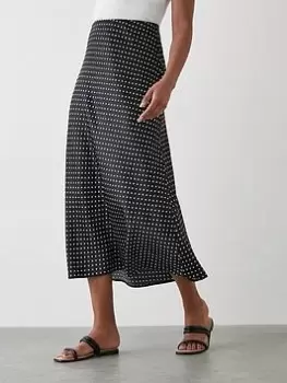 Image of Dorothy Perkins Spot Print Satin Bias Midi Skirt - Mono, Multi, Size 8, Women