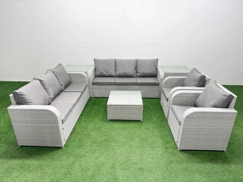 Image of Fimous PE Rattan High Back Lounge Sofa Set Patio Square Coffee Table & Chairs Set with 3 Seater Sofa Reclining Chair 2 Side Table Light Grey Light Gre