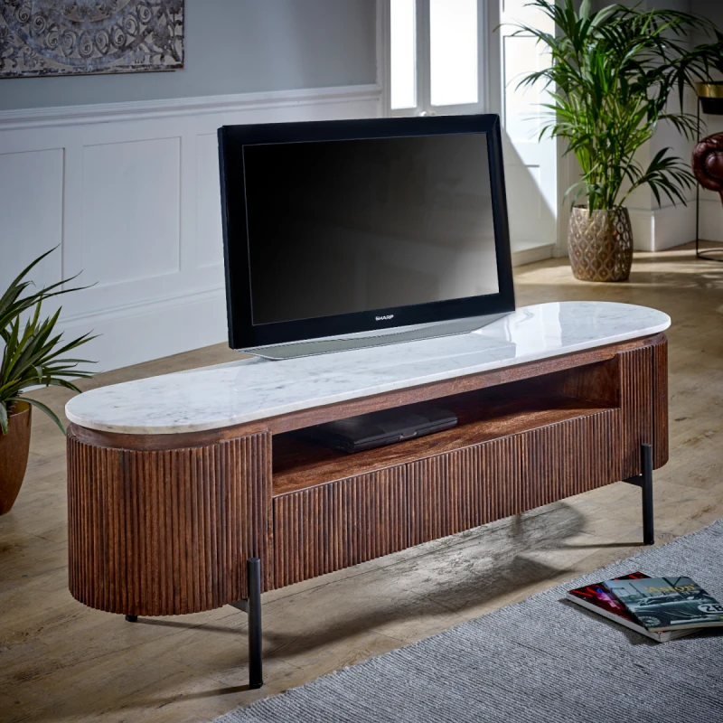 Image of Indian Hub Opal Mango Wood Large TV Stand With Marble Top & Metal Legs