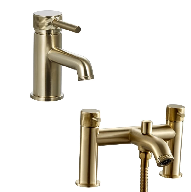 Image of Balterley Mono Basin Tap & Bath Shower Mixer Set - Brushed Brass in Metallics Metallics Unisex