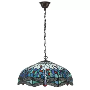 Image of Dragonfly Tiffany 3 Light Large Ceiling Pendant Bronze, Blue