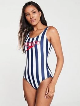 Image of Speedo Ice Cream Stripe Swimsuit - Navy/White, Size 30, Women