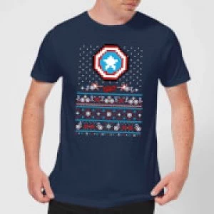 Image of Marvel Avengers Captain America Pixel Art Mens Christmas T-Shirt - Navy - M