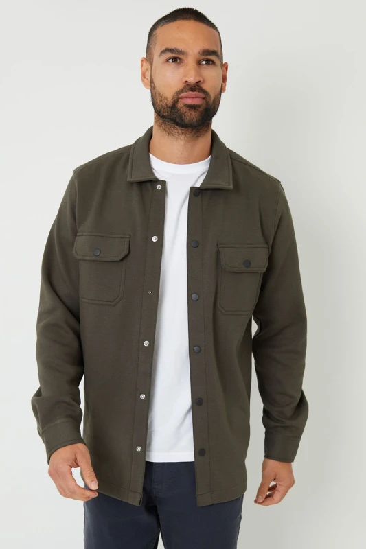 Image of Threadbare Cotton Blend Popper Fastening Pique Shacket Khaki
