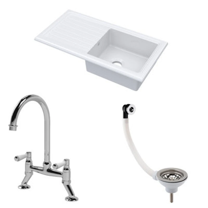 Image of Balterley Fireclay 1 Bowl Sink Drainer Waste Tap 1010mm Silver