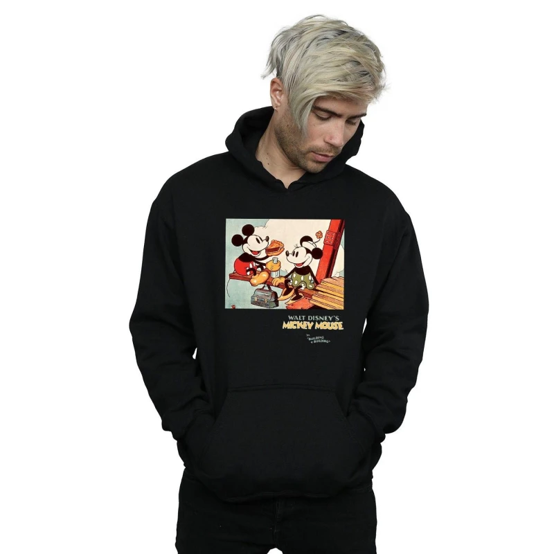 Image of Disney Men Mickey Mouse Building A Building Hoodie in Black Size: Small Black S Male 5057972616727