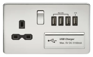 Image of KnightsBridge 2G 13A Screwless Polished Chrome 1G Switched Socket with Quad 5V USB Charger Ports - White Insert