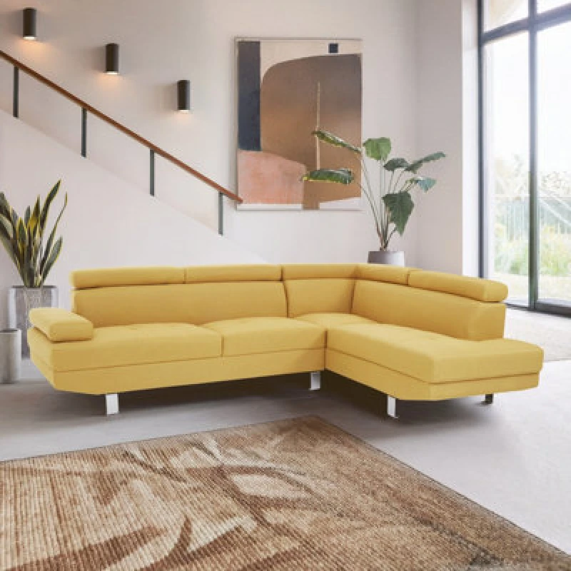 Image of Orsina Contemporary Ochre Linen Corner Sofa, Velvet Upholstered Mid Century Sofa, Refined Sofa For Livingroom