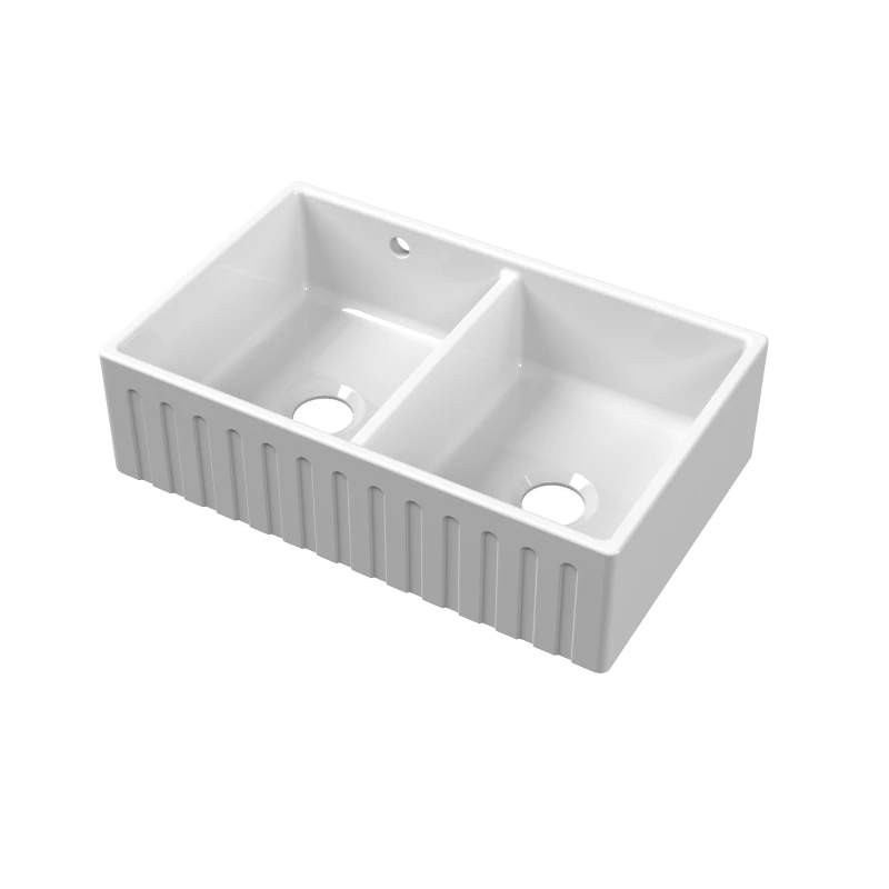 Image of Balterley Fireclay 2 Bowl Fluted Front Butler Sink Stepped Weir White 795x500mm White