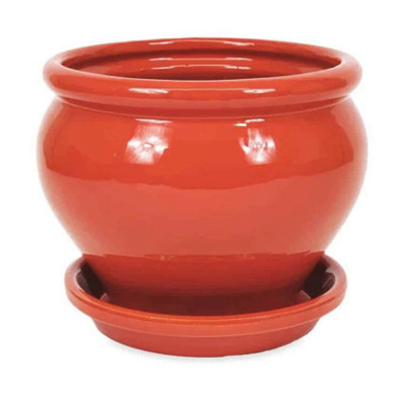 Image of Verano Spanish Ceramics Dipped Blue Hand Painted Outdoor Garden Bola Plant Pot & Drainage Plate (D) 25cm Red unisex