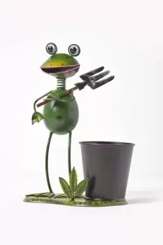 Image of Metal Frog with Garden Fork and Flower Pot, 28cm Tall