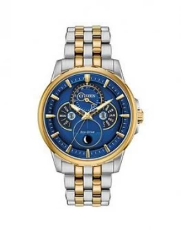 Image of Citizen Eco-Drive Moonphase Wr100 Blue And Gold Detail Dial Two Tone Stainless Steel Bracelet Mens Watch