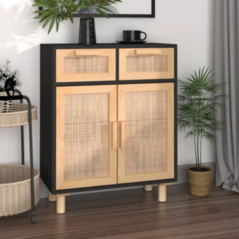 Image of Vidaxl Sideboard Black 60X30X75cm Solid Wood Pine And Natural Rattan