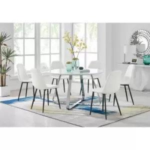 Image of Furniture Box Santorini White Round Dining Table and 6 White Corona Black Leg Chairs