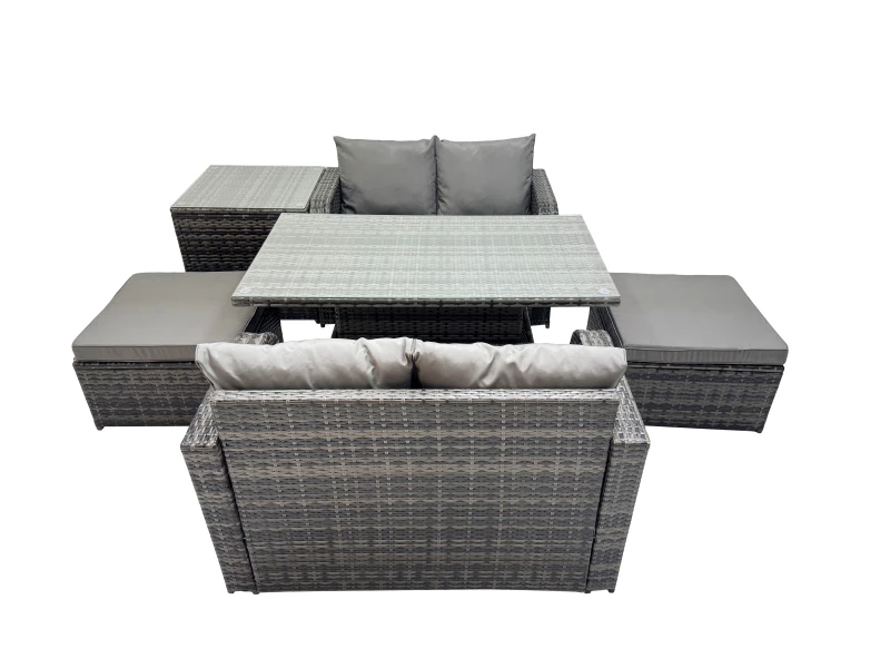Image of Fimous 6-seater Rattan Garden Furniture Set with 2 Big Stools Side Table in Dark Grey Dark Grey Unisex