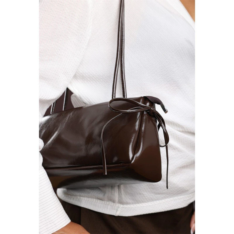 Image of Wheres That From Glossy Black Patent Handheld Shoulder Bag Dark Brown female One Size