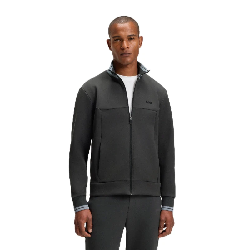 Image of Boss Mens Full Zipped Zone Short Sleeve Polo Shirt Dark Grey male S