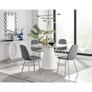 Image of Furniturebox Palma White Marble Effect 120cm Round Minimalist Dining Table & 4 Grey Corona Faux Leather Dining Chairs with Silver Legs Diamond Stitch