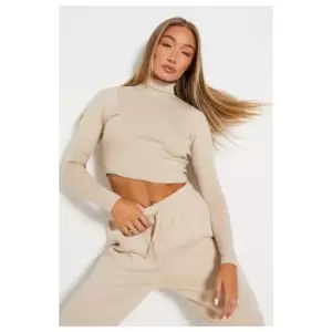 Image of I Saw It First Cotton Rib Roll Neck Crop Top - Brown