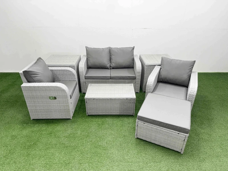 Image of Fimous Light Grey PE Wicker Rattan Garden Furniture Set Sofa Set Reclining Adjustable Chair Rectangular Coffee Table 5 Seater With Footstool 2 Side Ta