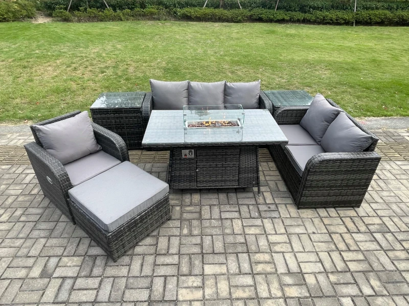 Image of Fimous Garden Patio Furniture Wicker Rattan Gas Fire Pit Table and Sofa Chair set with 2 Side Tables Big Footstool Dark Grey