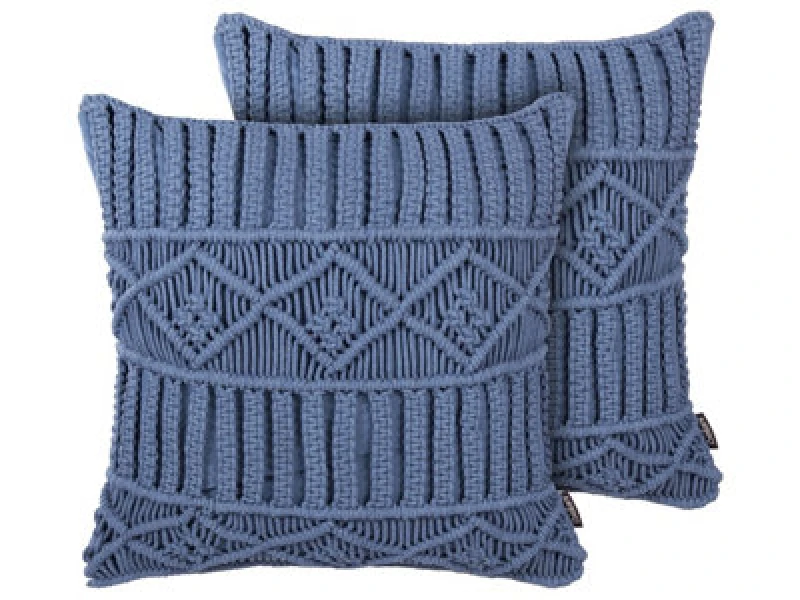 Image of Beliani Set Of 2 Decorative Cushions Karatas Cotton 45 X 45cm Blue Geometric Pattern