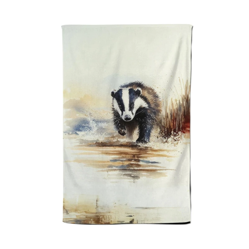 Image of Warren Reed - Designer Wading Badger Watercolour Tea Towel in Brown Brown Unisex