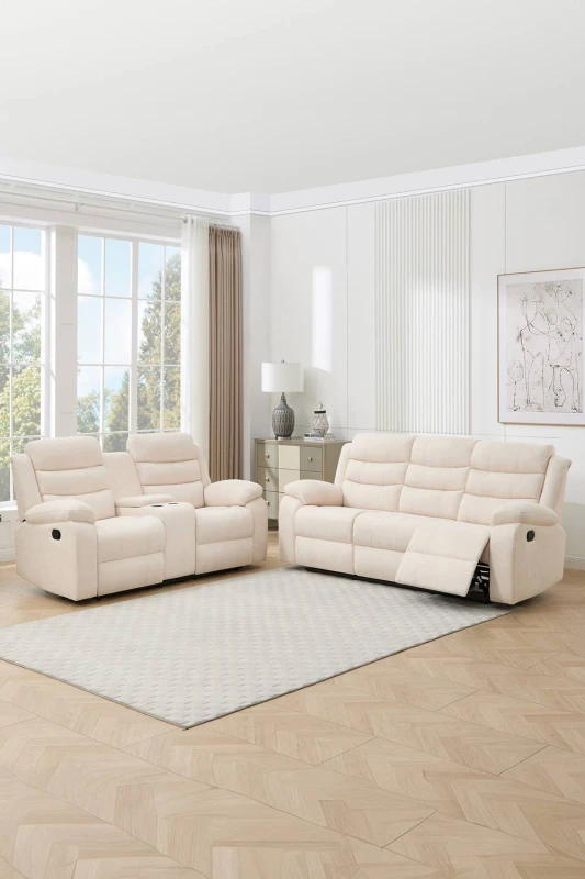 Image of More4Homes Boston Manual Recliner Fabric 2+3 Seater Sofa Set W Drinks Console (Beige)
