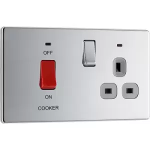 Image of BG Nexus Flatplate Screwless Polished Chrome 2 Gang 45A Cooker Switch & 13A Switched Socket With Grey Inserts & Neon - FPC70G