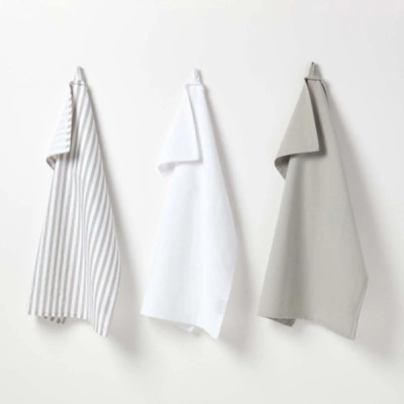 Image of Homescapes Striped Grey Cotton Tea Towels Set Of Three Grey unisex