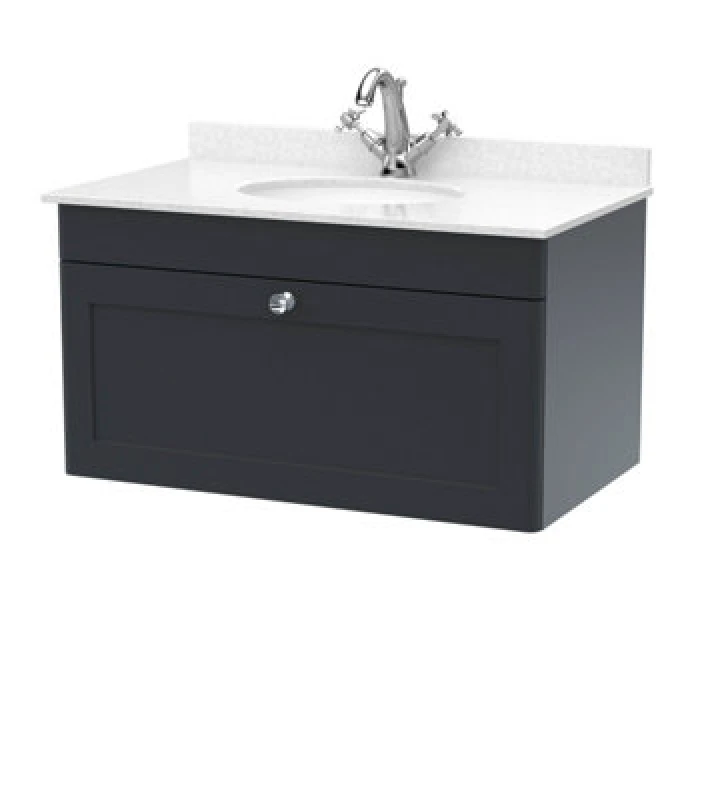 Image of nuie 800mm Wall Hung 1 Drawer Vanity & Marble Top 1TH - Soft Black CLC1496WR1