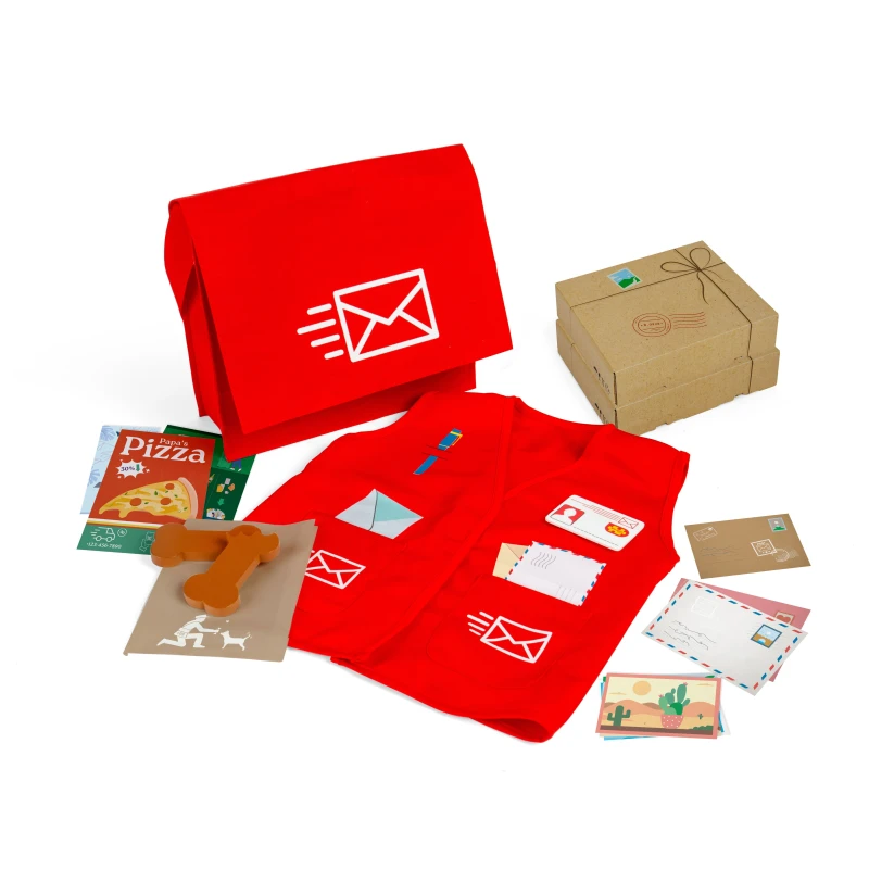 Image of Bigjigs Toys Mail Carrier Dress Up Set - Postie Fancy Dress Costume For Children, Red 37054