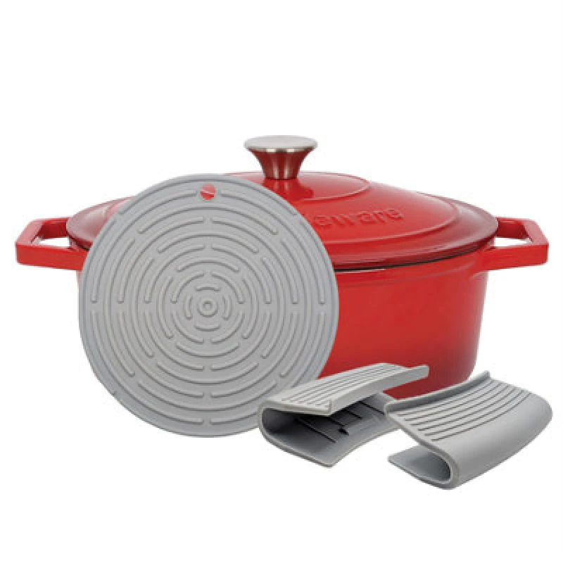 Image of Argon Tableware Oval Cast Iron Casserole Dish - 4.68L Red Enamel Finish, Oven Safe Dutch Oven Cookware With Lid