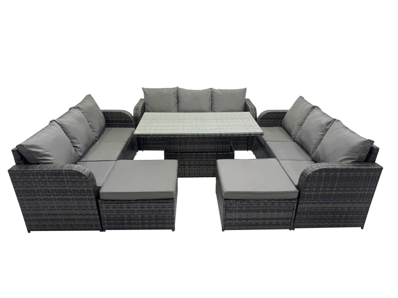 Image of Fimous Rattan Garden Furniture Dining Set 11-seater with 2 Big Footstools in Dark Grey Dark Grey Unisex