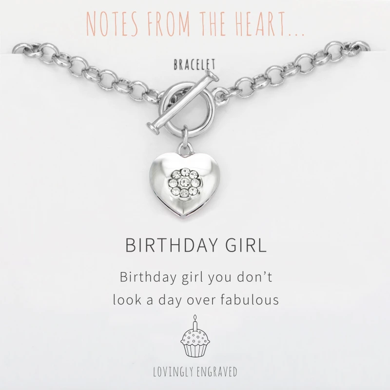 Image of Notes From The Heart NFTH BIRTHDAY GIRL Heart Engraved Bracelet Silver unisex One Size
