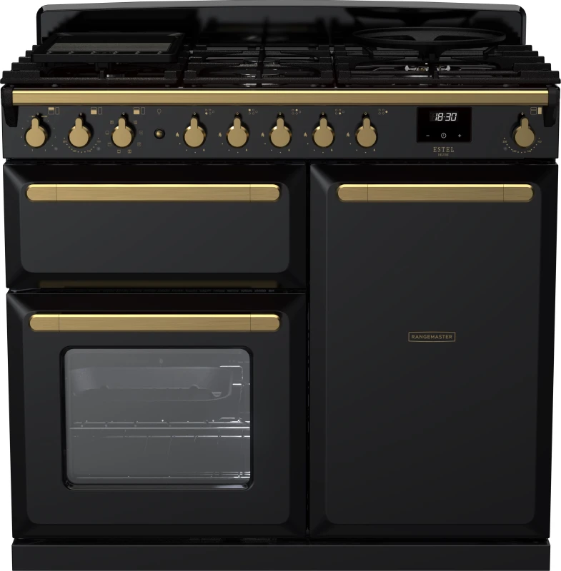 Image of Rangemaster Estel Deluxe ESDL100DFPGBL/AB1 100cm Dual Fuel Range Cooker - Black / Antique Brass - A/A Rated