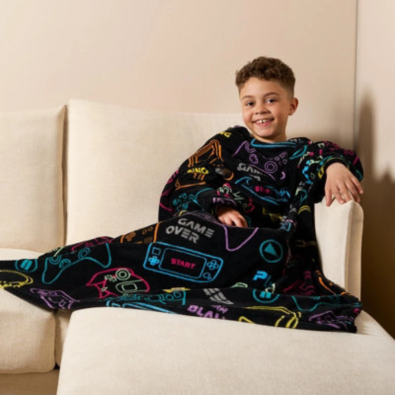 Image of OHS OHS Fleece Blanket with Sleeves Gaming Supersoft Warm Plush Wearable Warm Throw in Black One Size Unisex 5027434192632