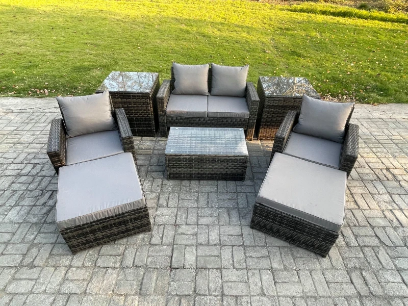 Image of Fimous 6 Seater Dark Grey Outdoor Rattan Garden Furniture Set Patio Lounge Sofa Rectangular Coffee Table with 2 Side Tables Dark Grey Unisex