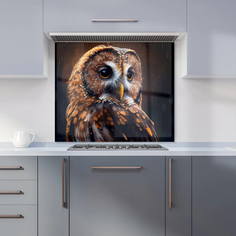 Image of Warren Reed - Designer Tawny Owl Face Splashart Dark Background Kitchen Splashback in Brown Size: 700mm x 650mm Brown Unisex 700mm x 650mm