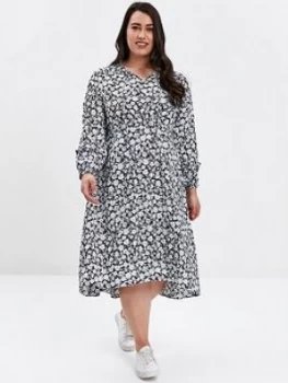 Image of Evans Evans Navy Floral Print Tie Neck Skater Dress