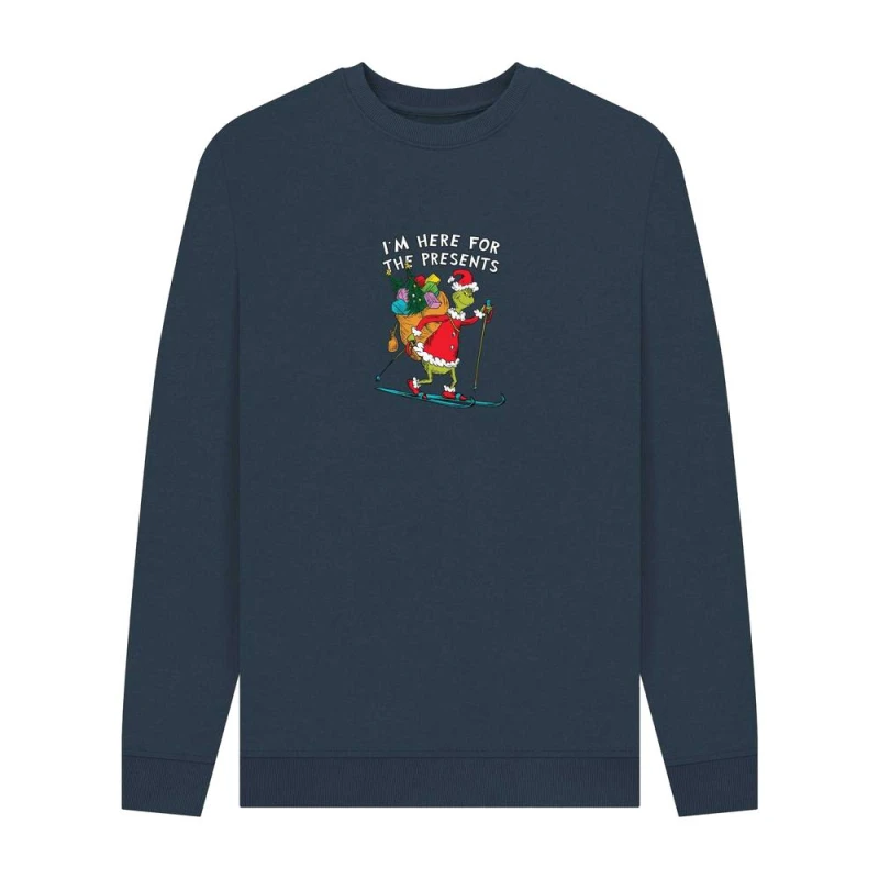 Image of The Grinch Mens I'm Here For The Presents Sweatshirt in Navy Size: Small Navy Male S