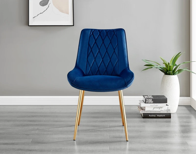 Image of FurnitureboxUK FurnitureboxUK Novara 100cm Round Tempered Glass Dining Table with Gold Legs & 4 Pesaro Velvet Chairs in Navy Navy One Size Unisex 5056