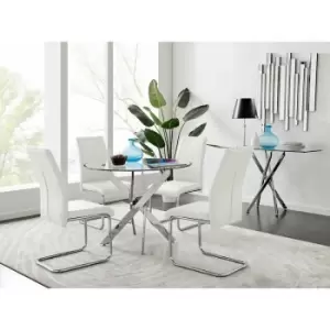 Image of Novara Chrome Metal Round Glass Dining Table And 4 White Lorenzo Dining Chairs - White