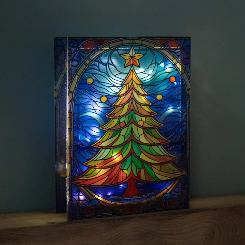 Image of 28cm Battery Operated Light up Christmas Tree Stained Glass Decoration with LEDs