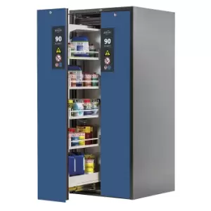 Image of asecos Type 90 fire resistant vertical pull-out cabinet, 2 drawers, 8 tray shelves, grey/blue