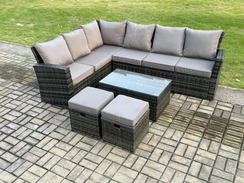 Image of Fimous 8 Seater Outdoor Furniture Garden Dining Set Rattan Corner Sofa Set with Rectangular Coffee Table 2 Small Footstools Dark Grey