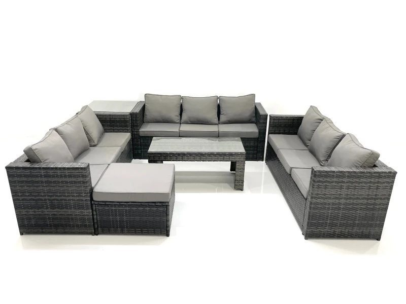 Image of Fimous Outdoor Garden Furniture Set 10 Seater Rattan Sofa Set with Coffee Table Big Footstool Side Table Dark Grey Mixed Dark Grey