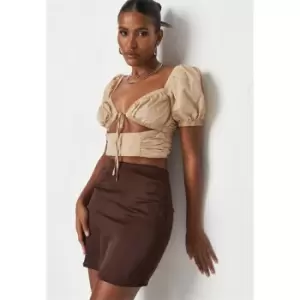 Image of Missguided Cut Out Puff Sleeve Crop Top - Beige