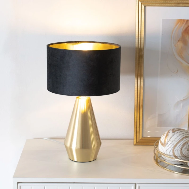 Image of ValueLights ValueLights Jax Gold Dimmable Touch Table Lamp with Velvet Drum & Gold Inner Lamp Shade in Black One Size Unisex 5059406060243